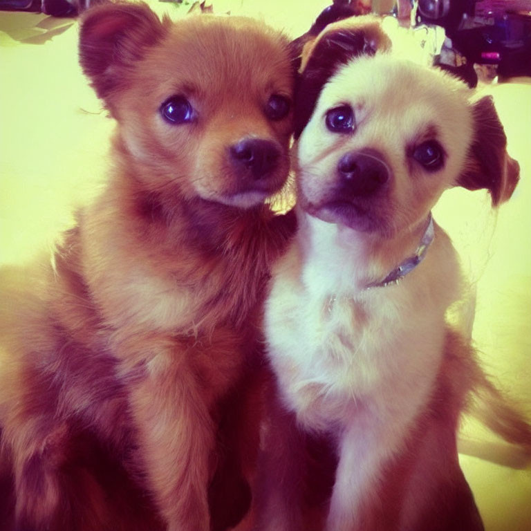 Contrasting Brown and White Fur Puppies Cuddling Close Together