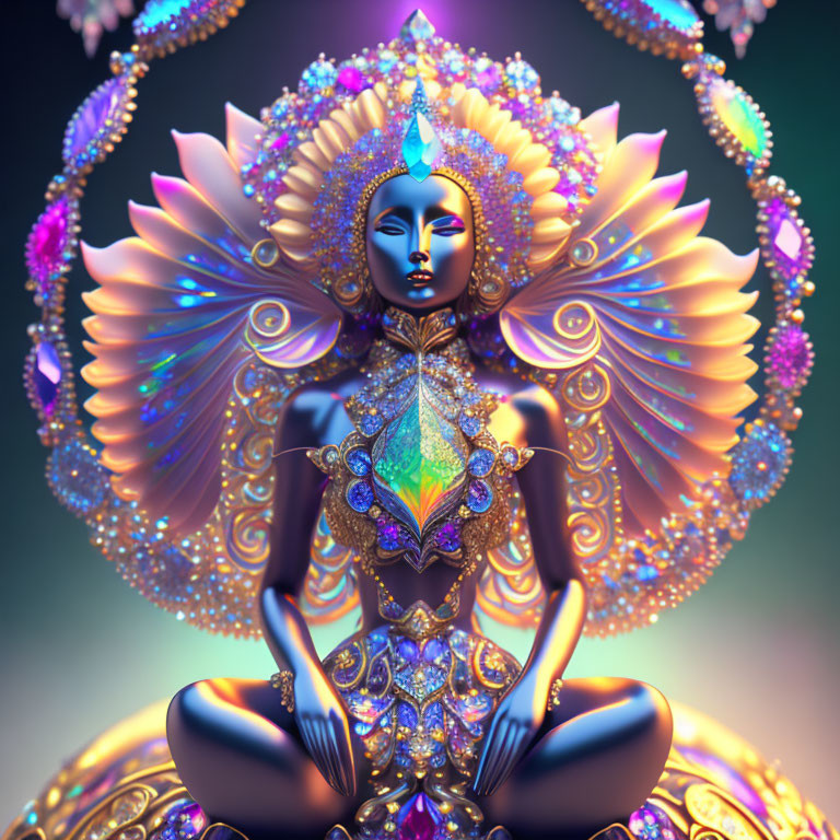 Colorful Meditative Figure with Blue Skin and Ornate Gold Adornments