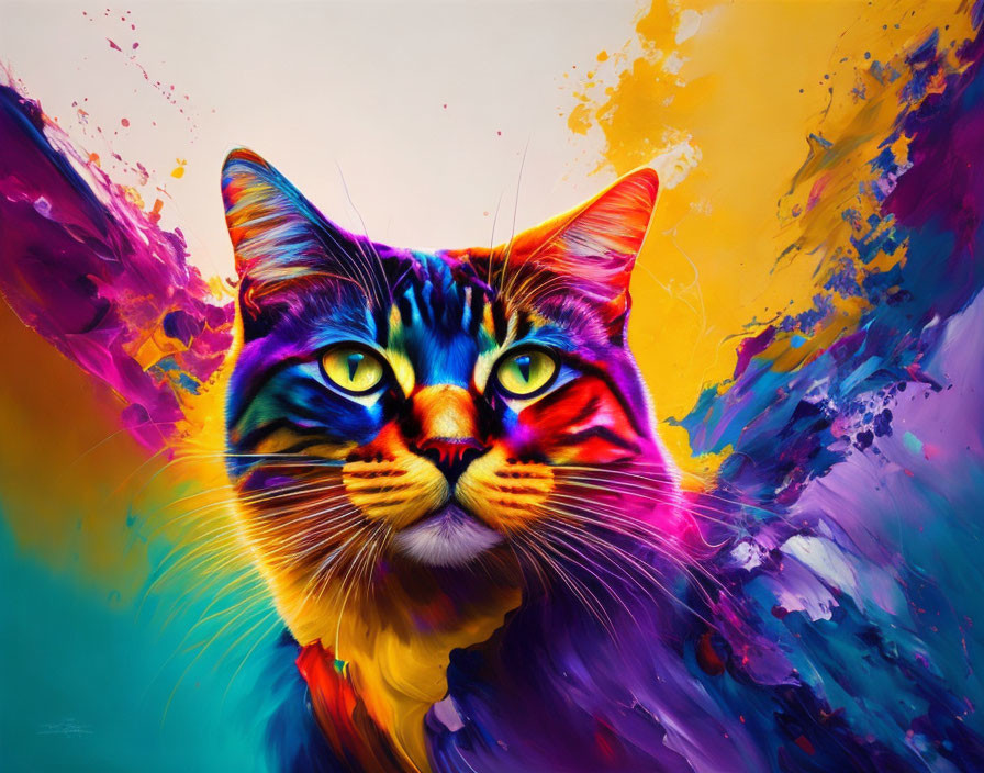 Colorful digital artwork featuring a cat with multicolored fur coat