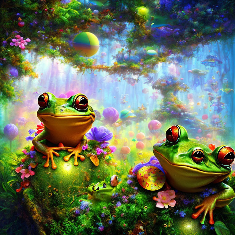 Colorful Cartoon Frogs in Lush Fantasy Scene