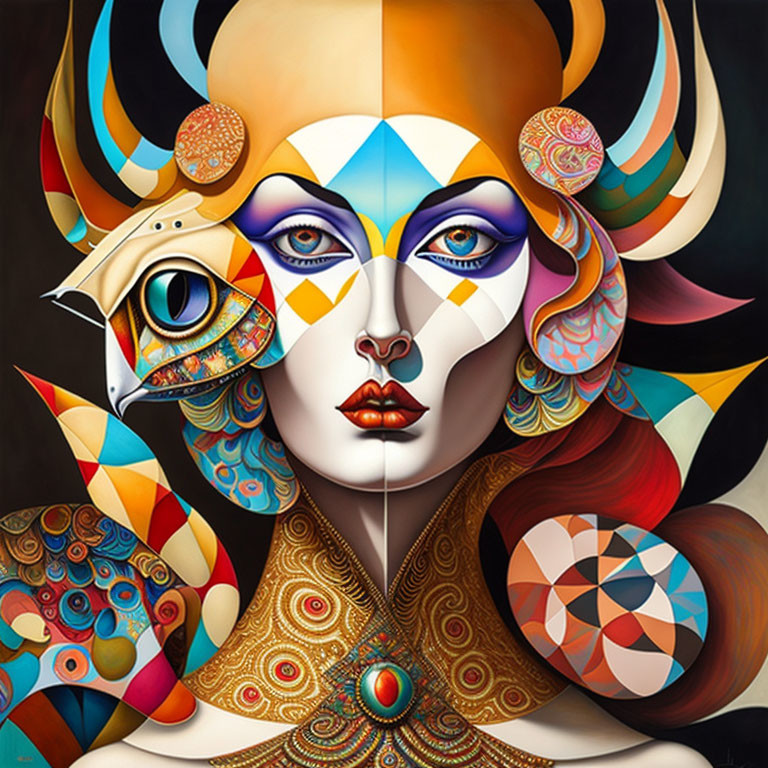 Colorful Surrealist Portrait of Woman with Elaborate Makeup and Headdress