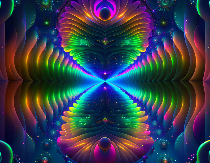 Symmetrical fractal image with neon lights and glowing orbs