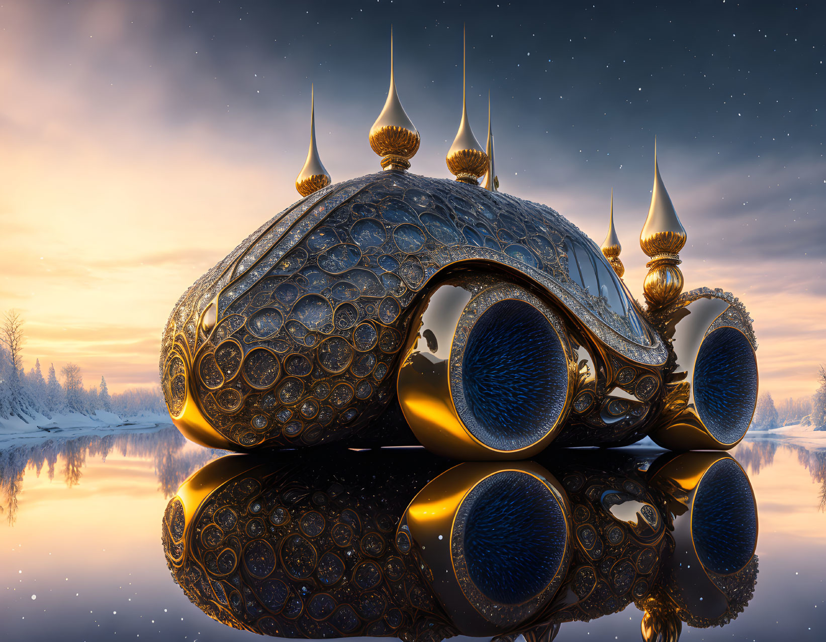 Ornate futuristic vehicle reflected on calm water at twilight