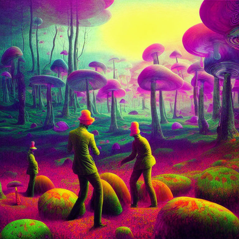 Colorful Psychedelic Forest with Oversized Mushrooms and Explorers in Hats