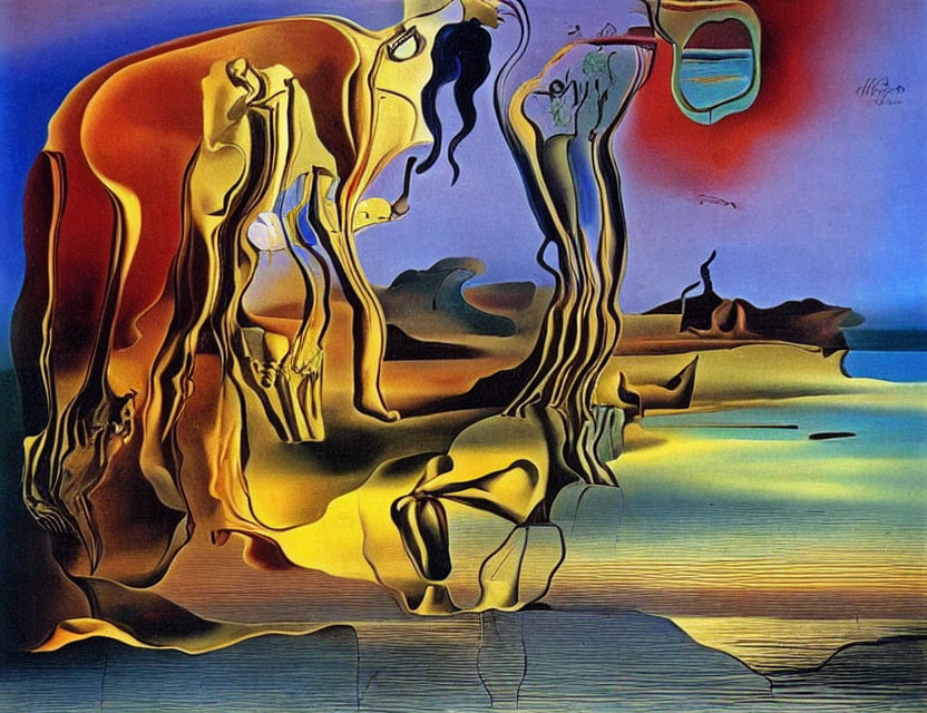 Surrealist painting with distorted figures in dream-like landscape