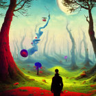 Surreal landscape with distorted figures and melting clocks