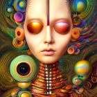 Surreal digital artwork: humanoid figure with oversized iridescent eyes, orange flora, vibrant feathers