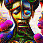 Vibrant digital artwork featuring stylized female figure with gold and purple headdress