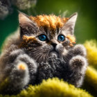 Blue-eyed mystical cat with golden headpiece among white and yellow blooms under starry sky