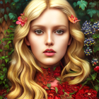 Blonde woman portrait with red flowers and greenery