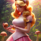 Fantasy female character with orange hair in golden crown and ornate dress in sunlit floral landscape