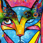 Colorful Close-Up Cat Face with Yellow Eyes in Psychedelic Style