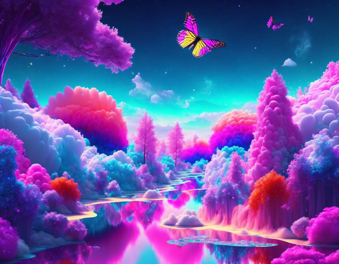 Fantasy landscape with pink and blue hues, reflective river, fluffy clouds, and soaring butterfly