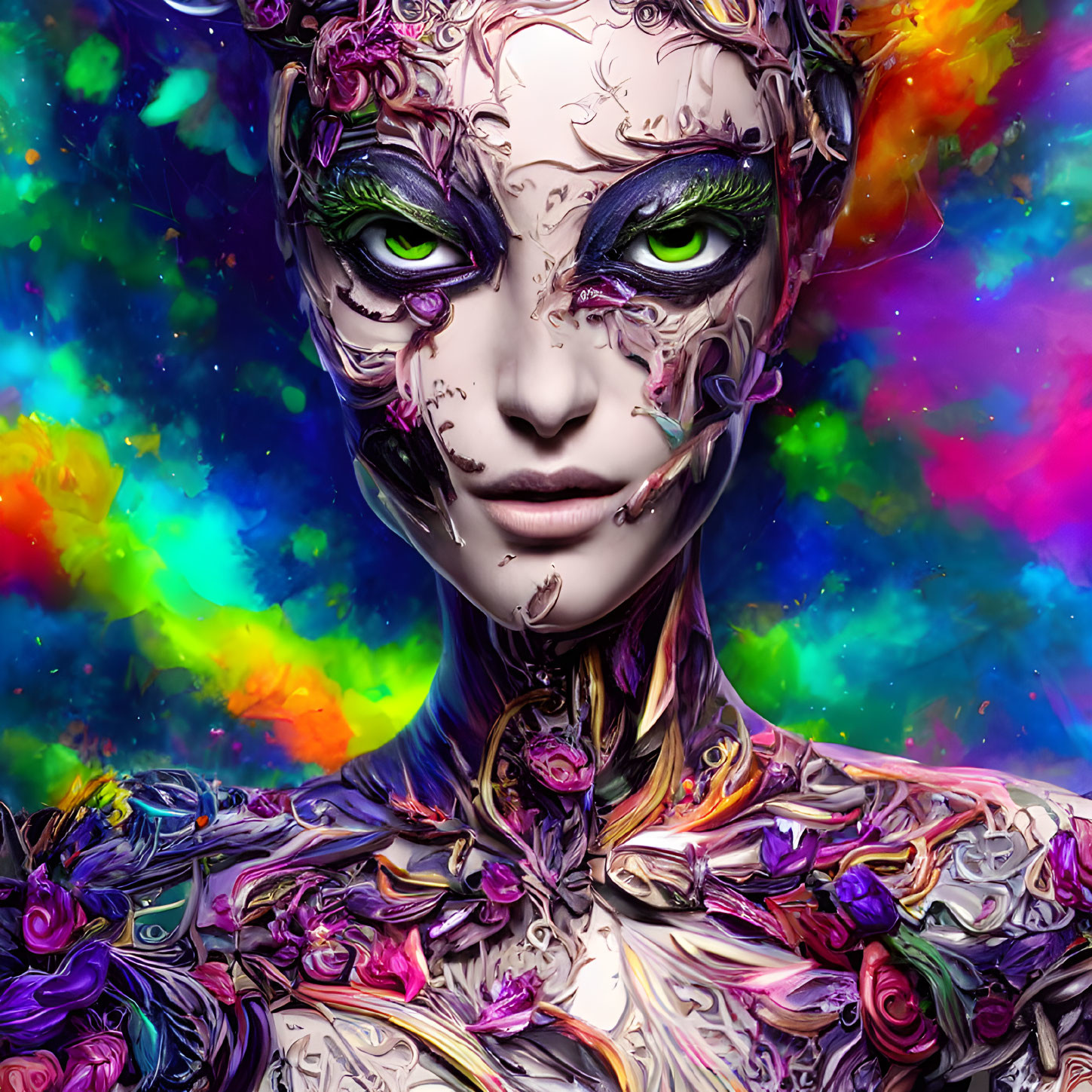 Vibrant humanoid figure with floral and metallic details on cosmic backdrop