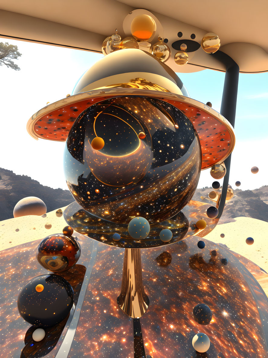 Surreal 3D Rendering: Glossy Floating Spheres with Cosmic Textures on Desert Terrain