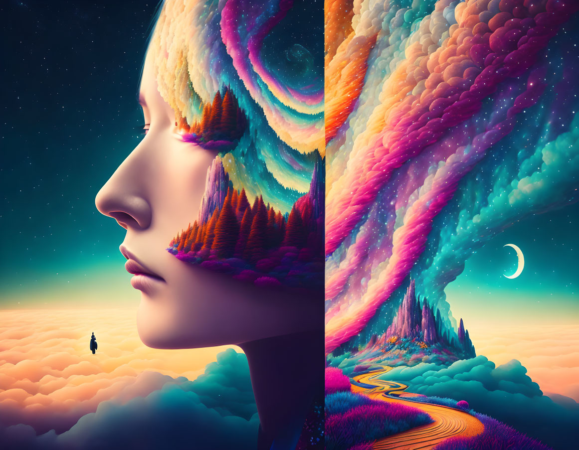 Surreal artwork: Woman's silhouette with landscape hair, vibrant sky, crescent moon, lone