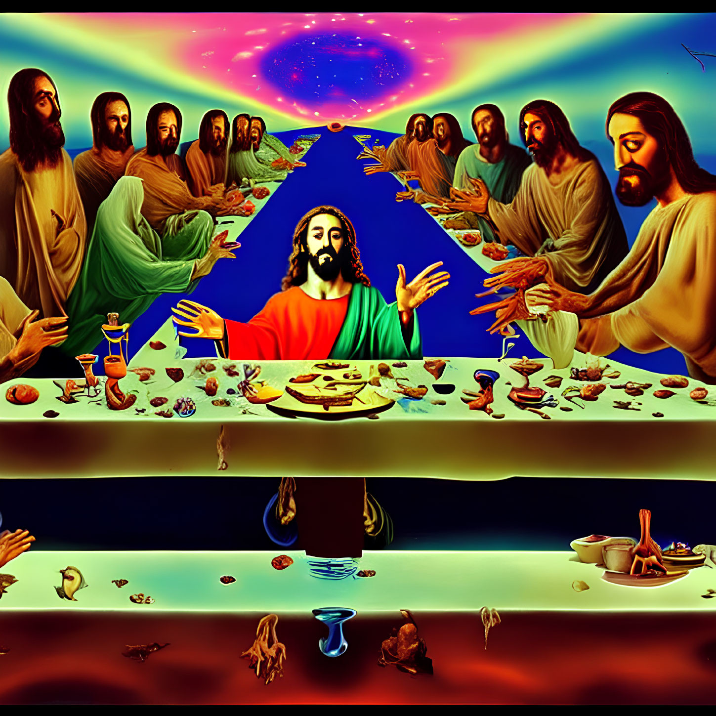 Symmetrical Last Supper Digital Art with Cosmic Background