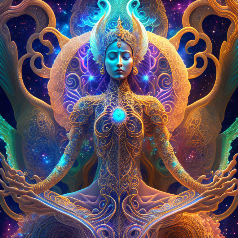 Colorful illustration of a multi-armed meditative figure with cosmic elements