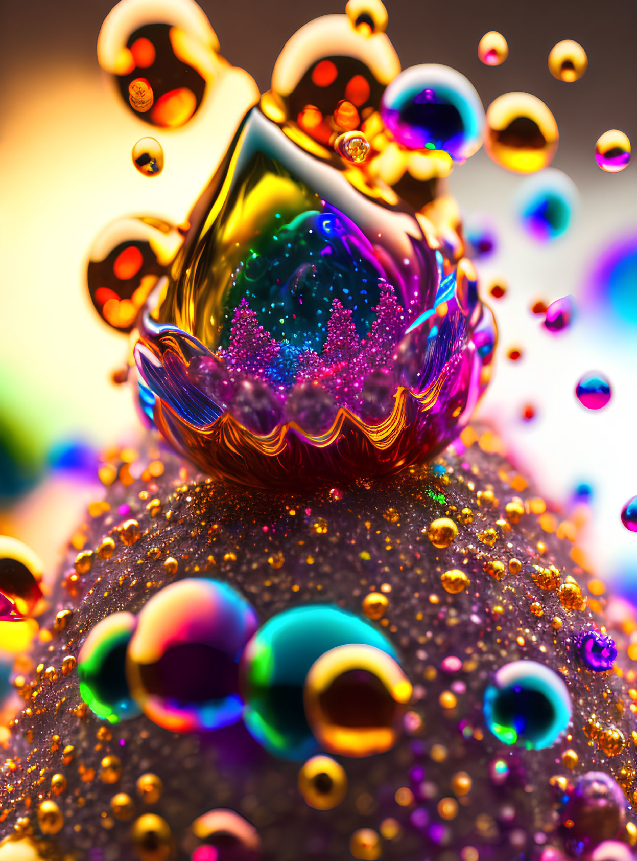 Vibrant Macro Shot of Colorful Water Droplets on Glittering Surface