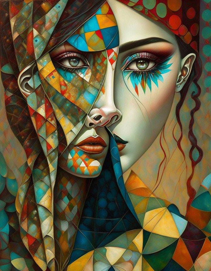 Colorful Cubist-Inspired Portrait of Woman with Geometric Patterns