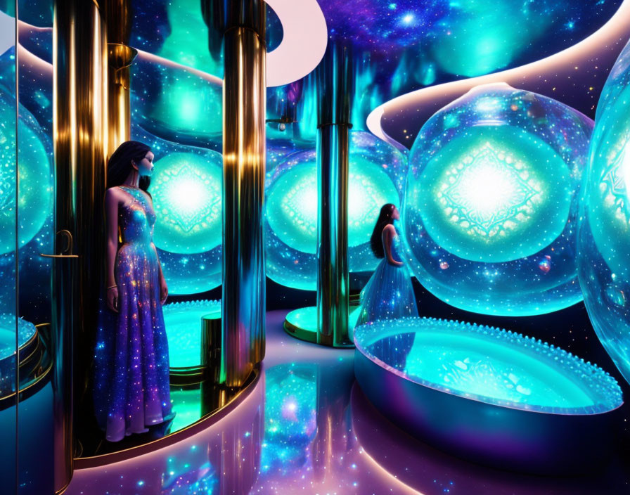 Woman in Sparkly Dress in Futuristic Glowing Room with Celestial Orbs