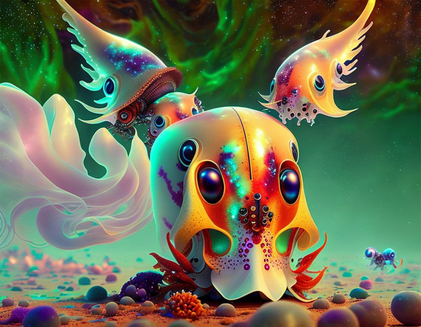 Vibrant surreal artwork: alien squid creatures in colorful underwater scene