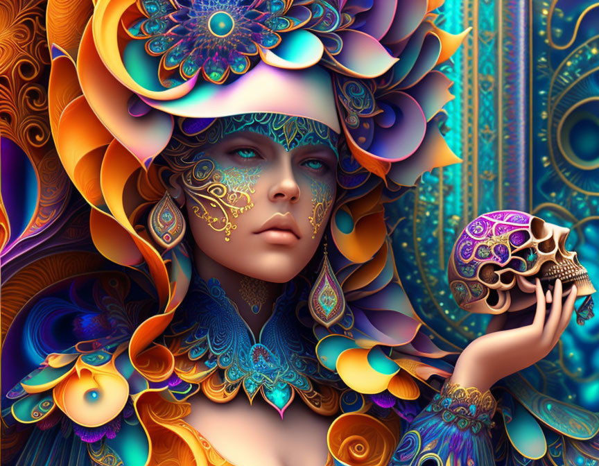 Colorful digital art of woman with ornate facial designs holding embellished skull surrounded by floral patterns