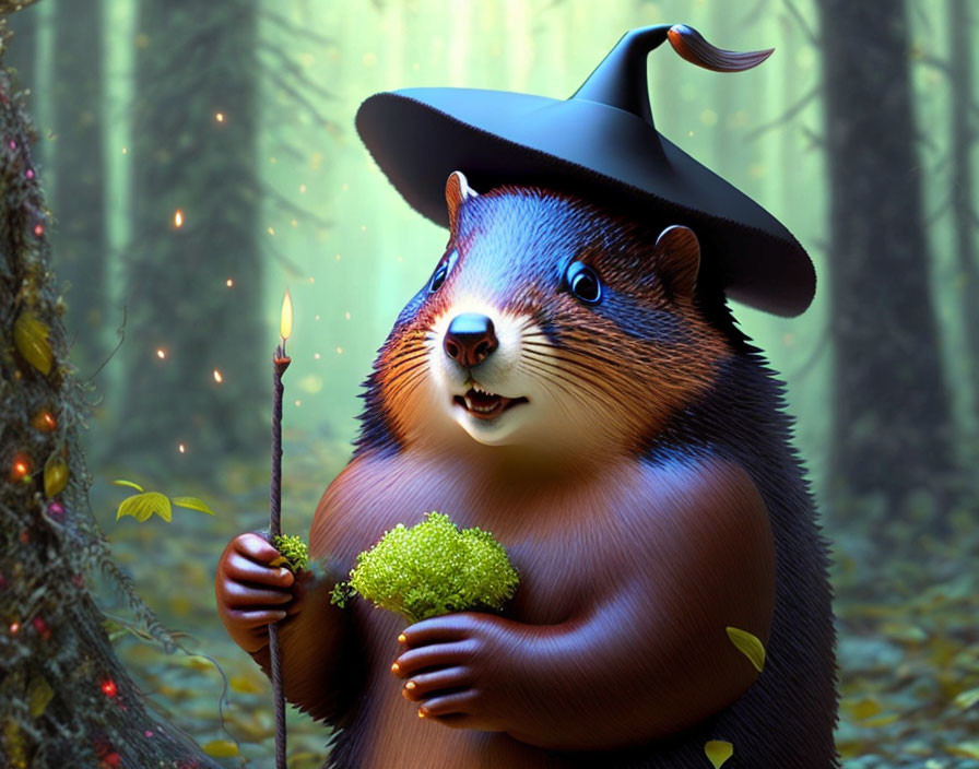 Anthropomorphic beaver in wizard hat with magic wand and plant in enchanted forest