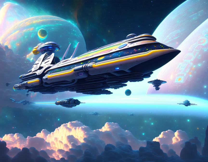 Colorful space scene with fantastical ships flying above clouds and planets