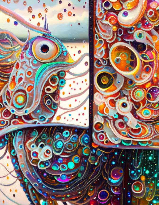 Colorful Psychedelic Fish Painting with Swirling Patterns and Bubbles