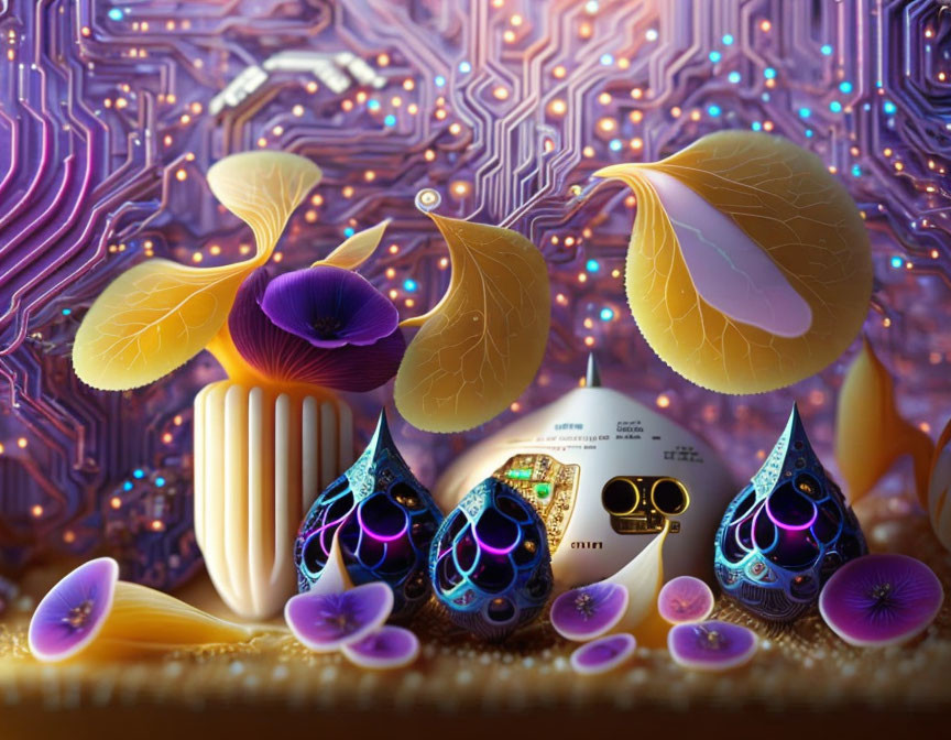 Colorful digital artwork: Stylized fungi and jewel tones against intricate circuitry.