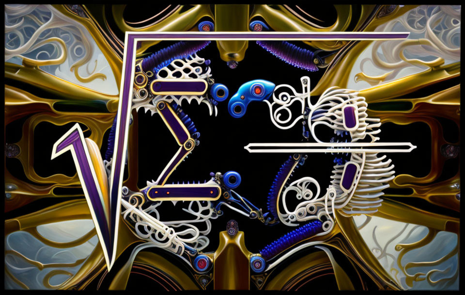 Symmetrical digital artwork: Gold, purple & blue tones, featuring mechanical & organic elements around stylized