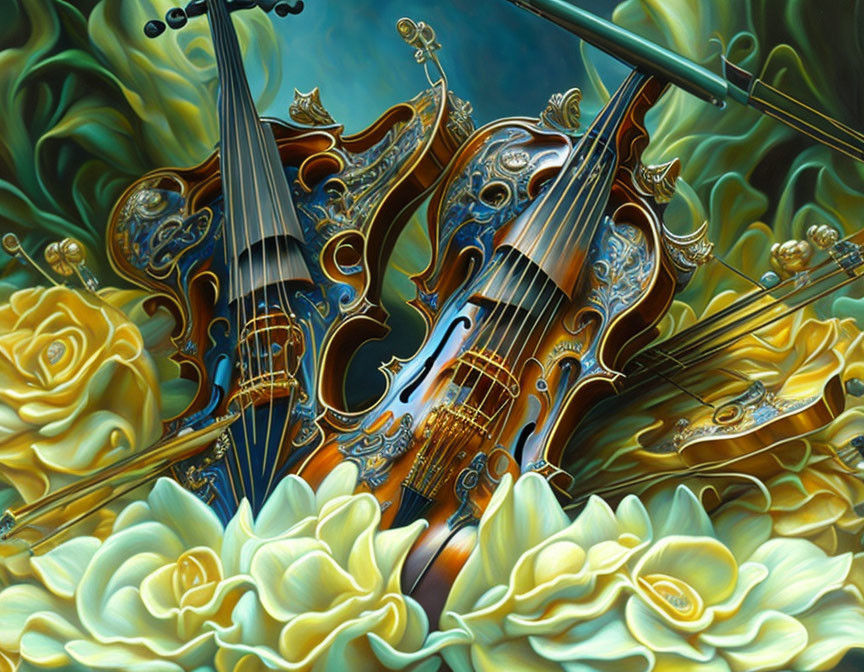 Surreal Violins and White Roses Artwork with Golden Embellishments