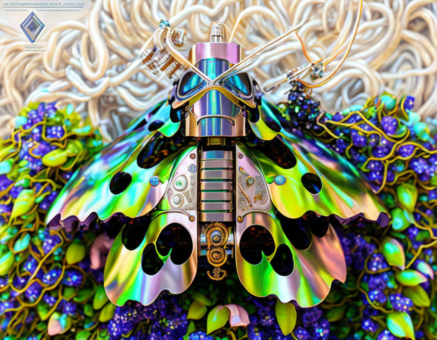 Colorful Digital Artwork: Mechanical Butterfly on Iridescent Wings