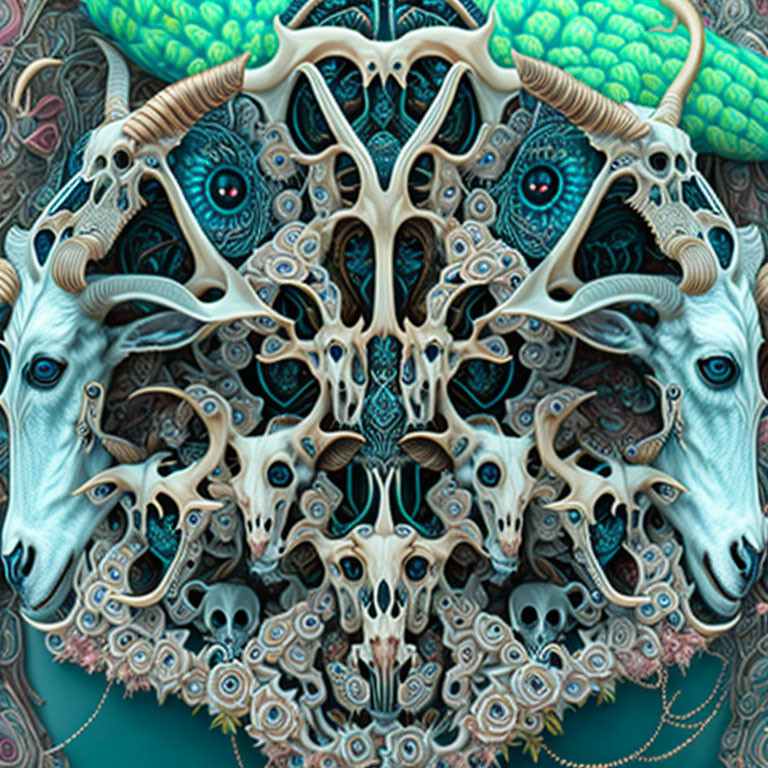 Symmetrical artwork with animal skulls, antlers, and eyes in cool tones