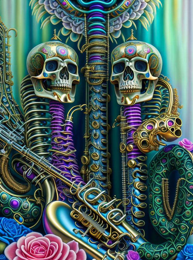 Colorful digital artwork of skeletal figures playing saxophones with intricate patterns and floral detail.