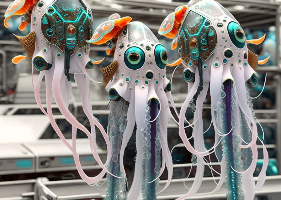 Intricate robotic squids against industrial backdrop