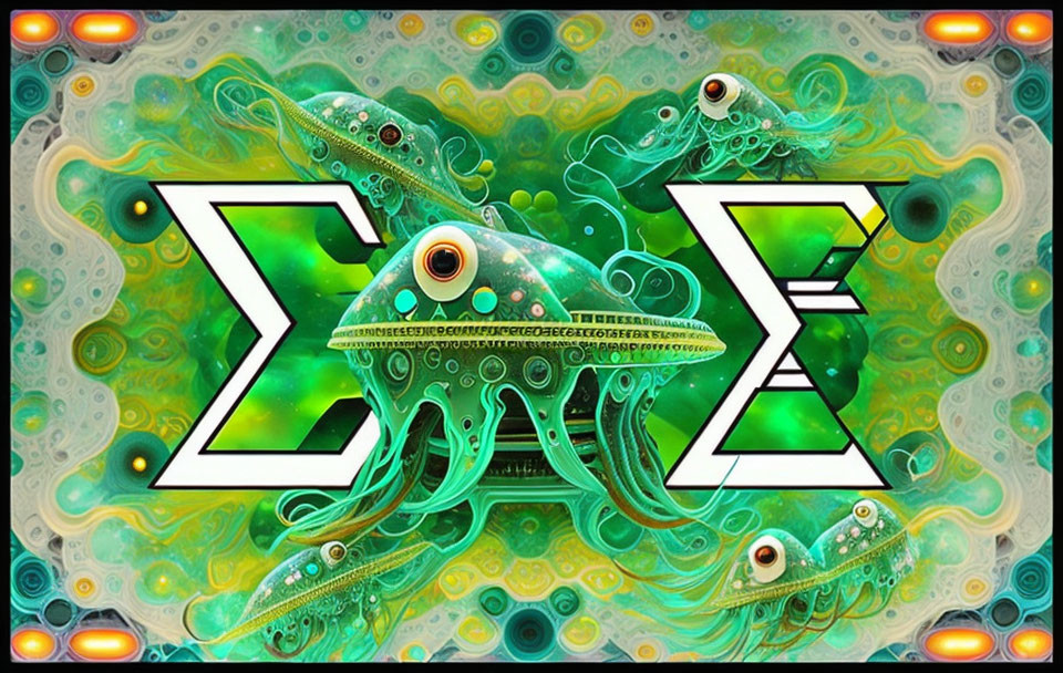 Stylized octopuses with multiple eyes in neon-green Sigma on psychedelic background