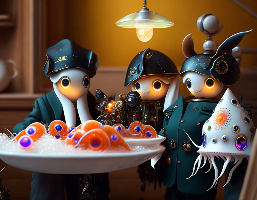 Whimsical robotic figures in steampunk-style uniforms with colorful orbs tray