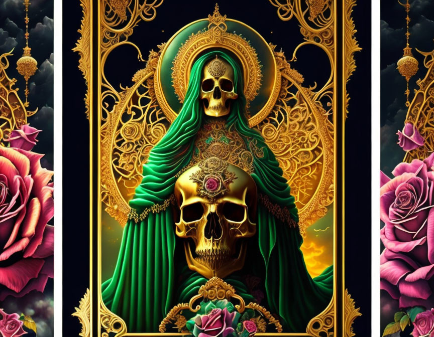 Colorful Artwork: Skeletal Figure in Green Cloak with Golden Halo & Roses on Dark Background