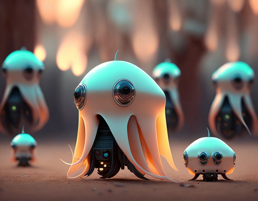 Whimsical robotic creatures with dome bodies and multiple eyes in forest setting