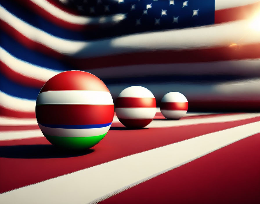 Reflective surface with three American flag spheres and large flag backdrop