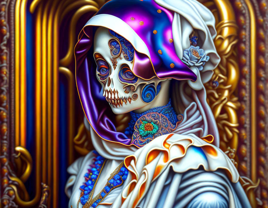 Colorful skeletal figure in ornate headdress and robe with celestial palette.