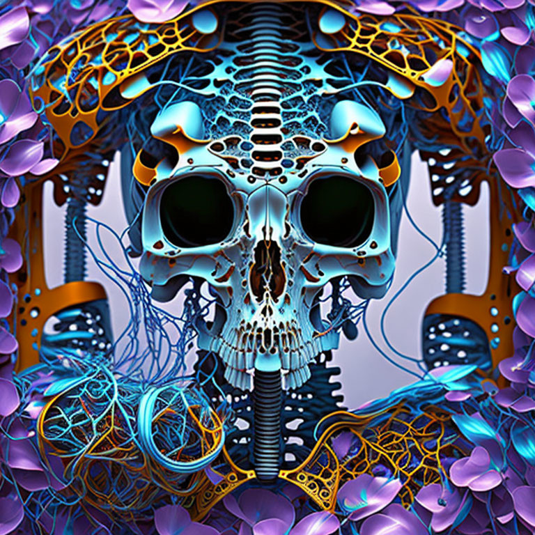 Colorful digital artwork: Human skull surrounded by intricate patterns