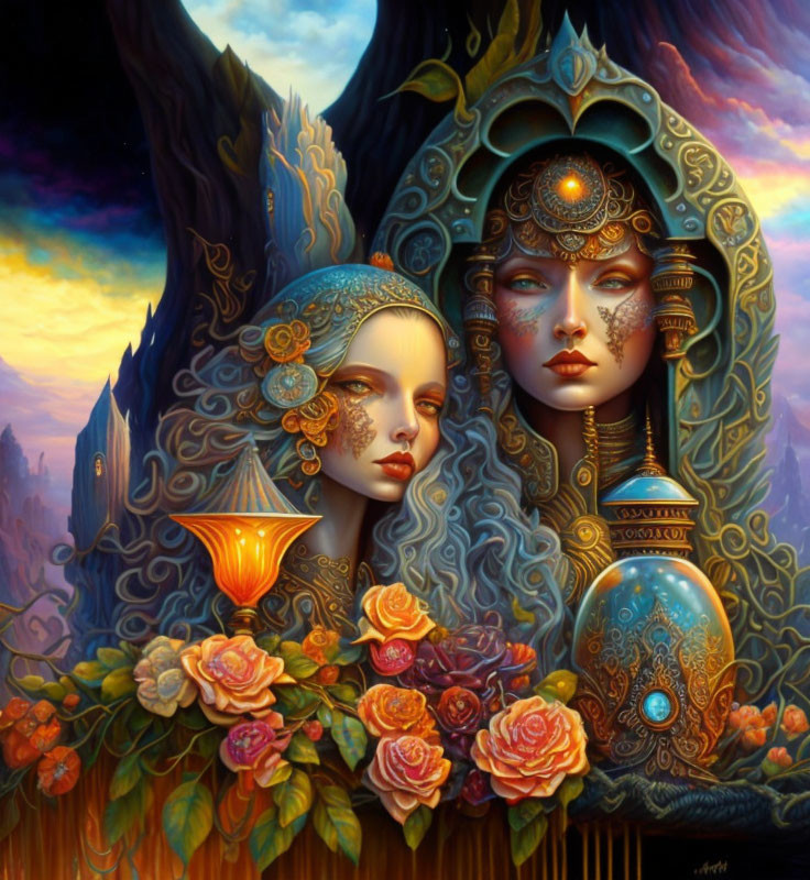 Digital painting: Two female figures with elaborate headdresses among roses