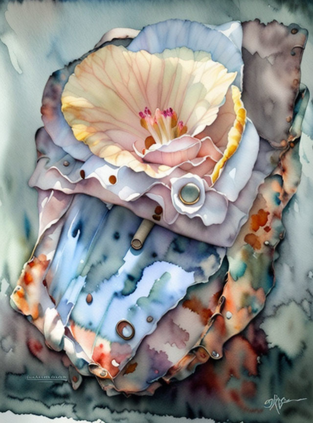 Sea shell and blooming flower watercolor painting with soft pastel colors