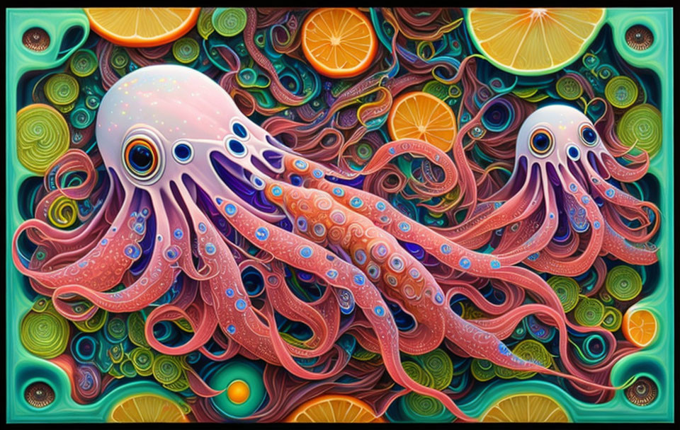 Colorful Octopus Artwork with Citrus Fruit and Swirling Patterns