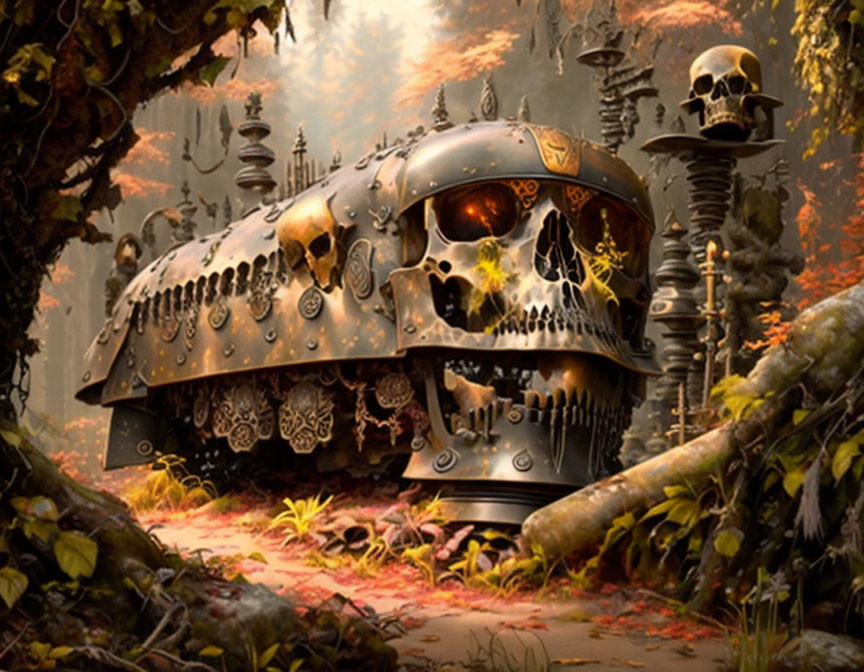 Armored vehicle with skull motifs in misty forest with bones