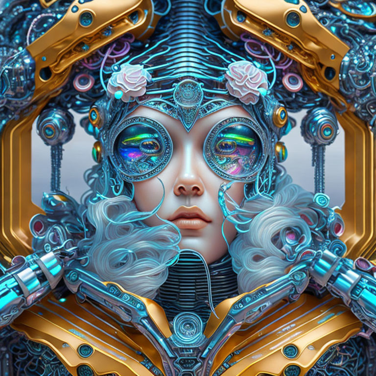 Futuristic portrait of person with metal headgear and ornate goggles