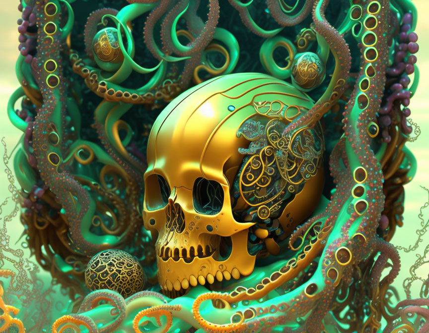 Golden ornate skull with tentacles and spheres in underwater scene